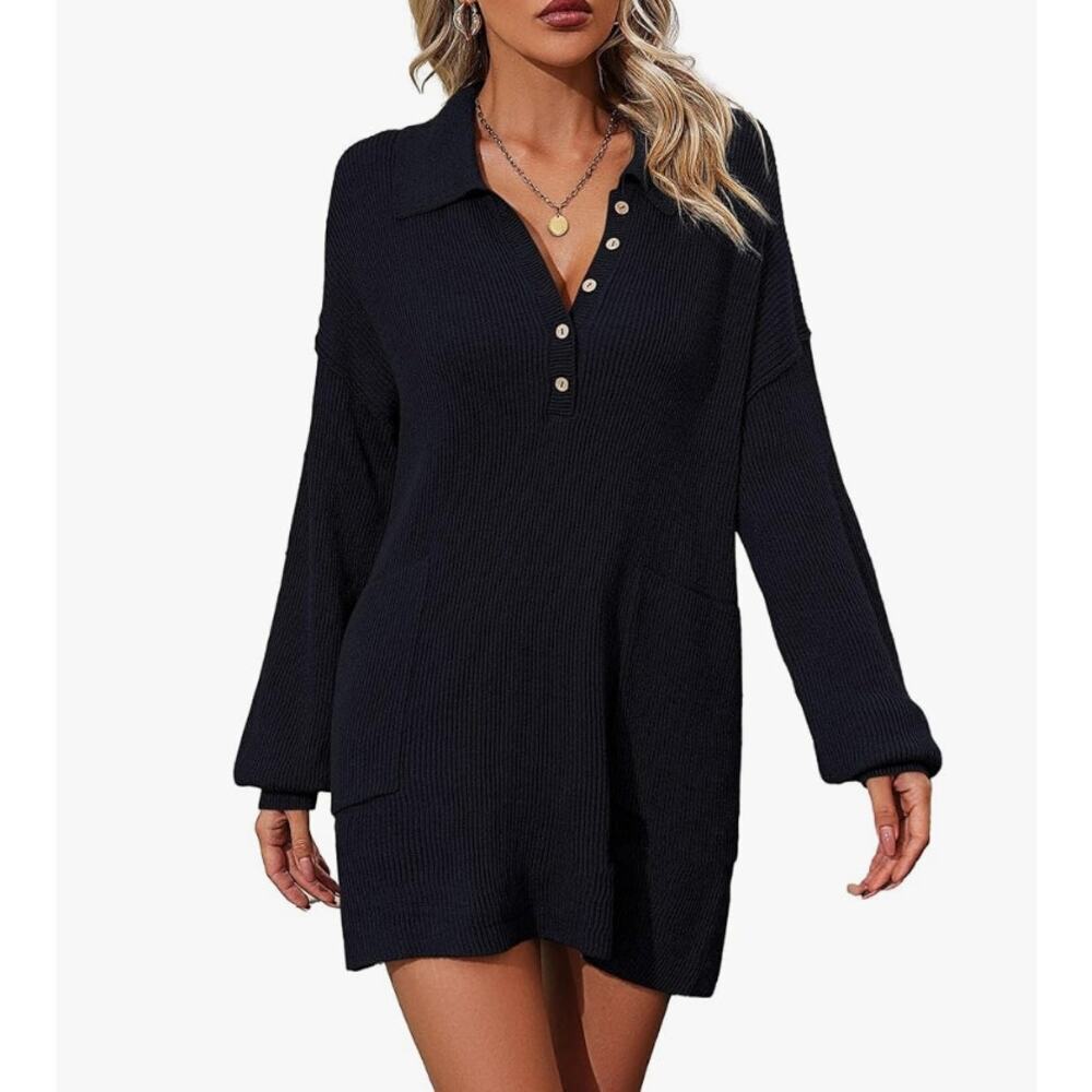 Deepself Women's Soft Lapel Ribbed Knitted Tunic Mini Dress Size XL Black NWT